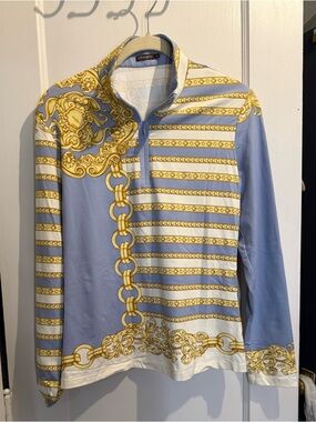 Versace inspired by JMcLaughlin Blue & Gold Chain Print Long Sleeve Top